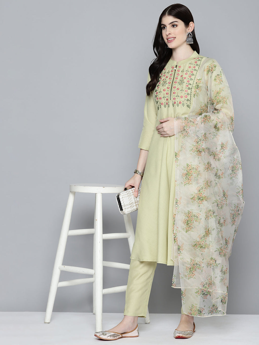Jompers Women's Embroidered Thread Work Kurta & Trousers With Dupatta - Lime