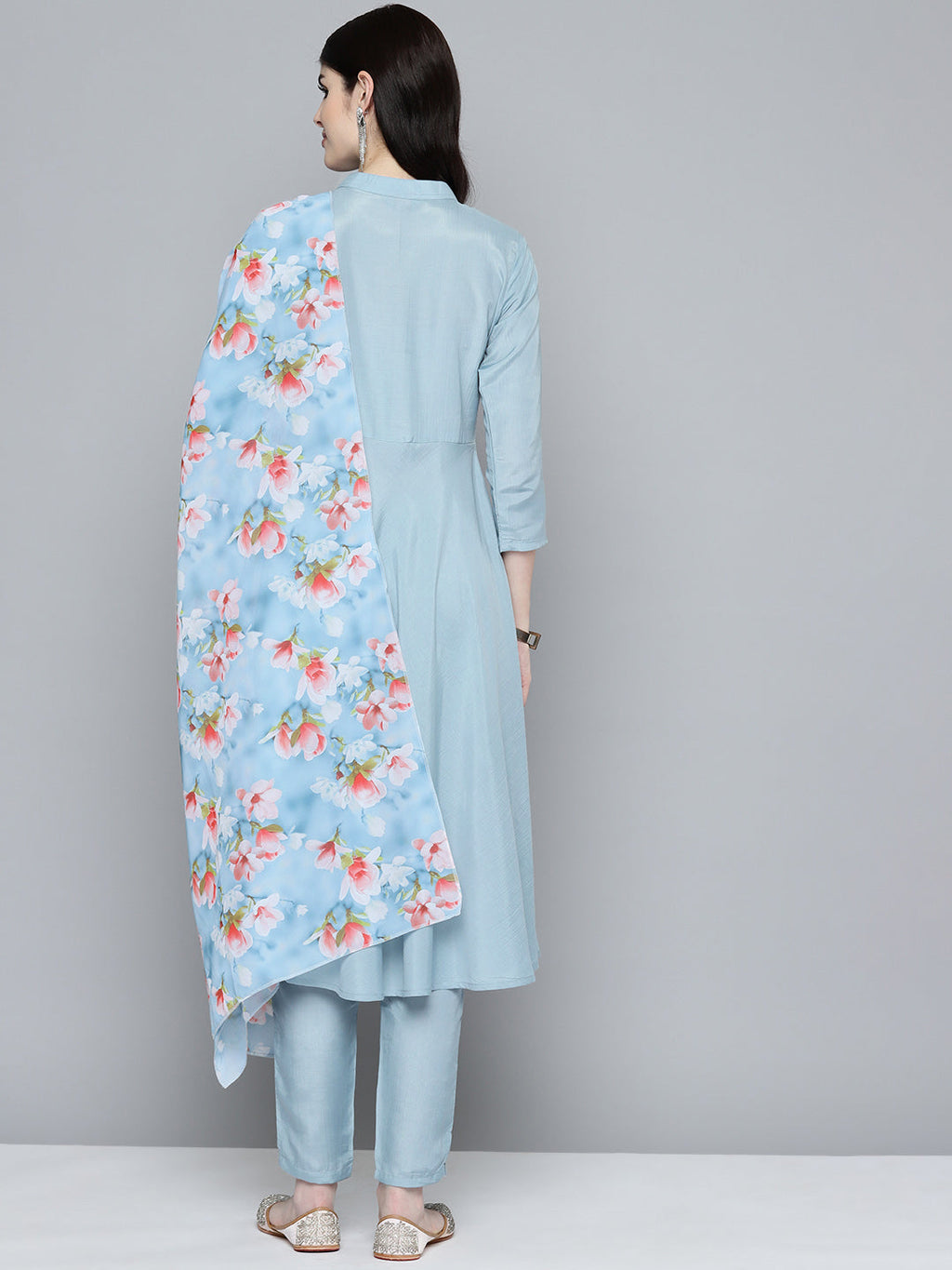 Jompers Women's Embroidered Thread Work Kurta & Trousers With Dupatta - Grey