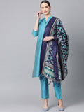 Jompers Women Blue & Green Self-Striped Kurta with Trousers & Dupatta