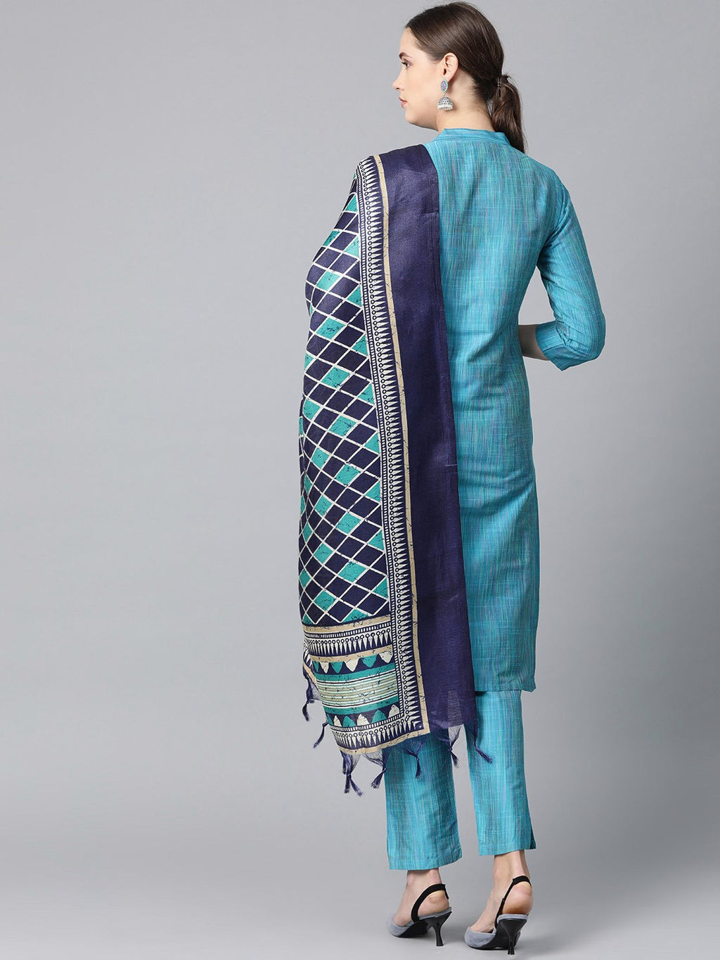 Jompers Women Blue & Green Self-Striped Kurta with Trousers & Dupatta