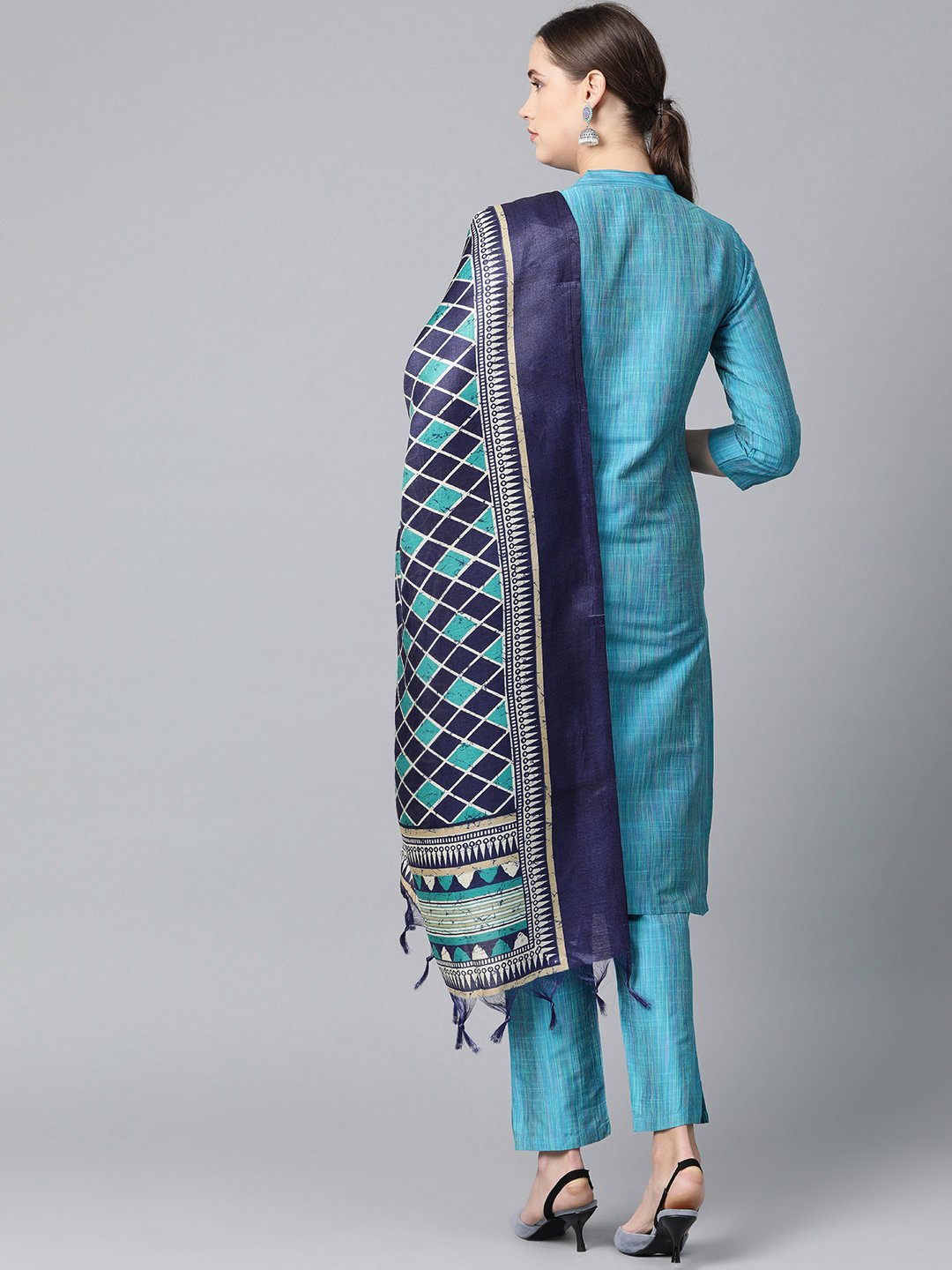 Jompers Women Blue & Green Self-Striped Kurta with Trousers & Dupatta