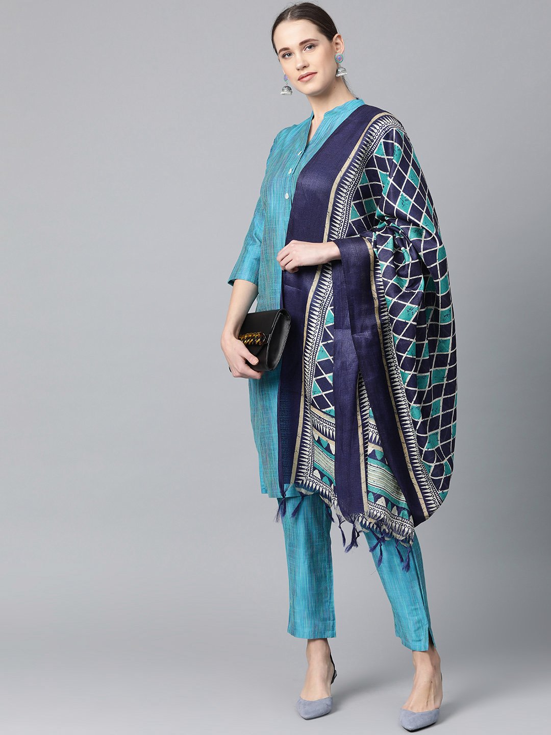 Jompers Women Blue & Green Self-Striped Kurta with Trousers & Dupatta