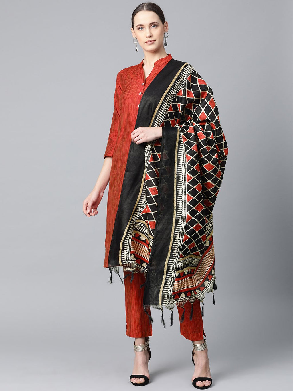 Jompers Women Red & Black Self-Striped Kurta with Trousers & Dupatta