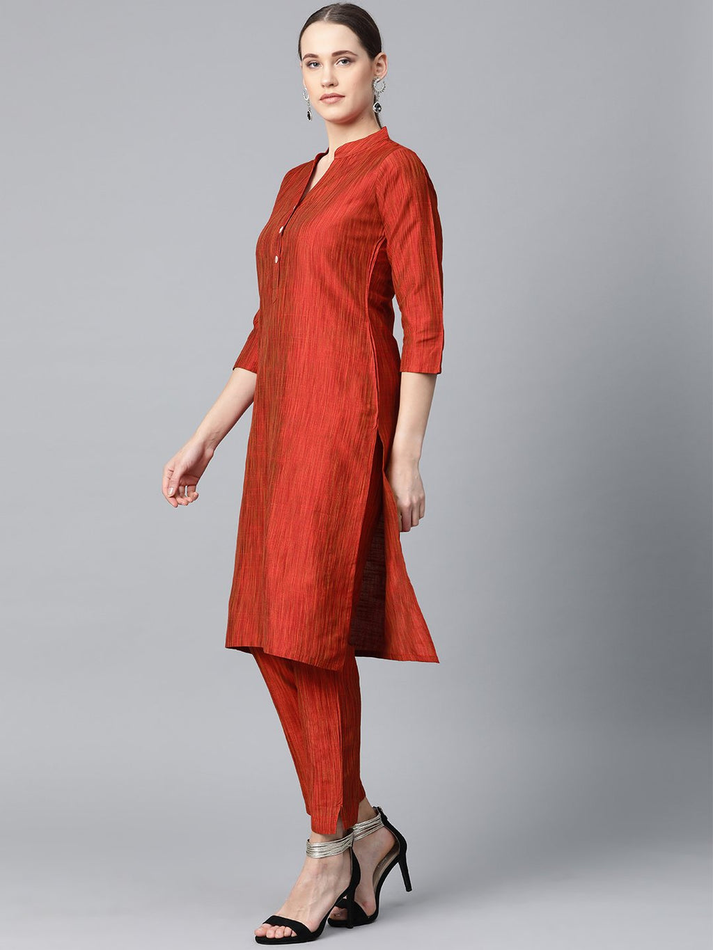 Jompers Women Red & Black Self-Striped Kurta with Trousers & Dupatta