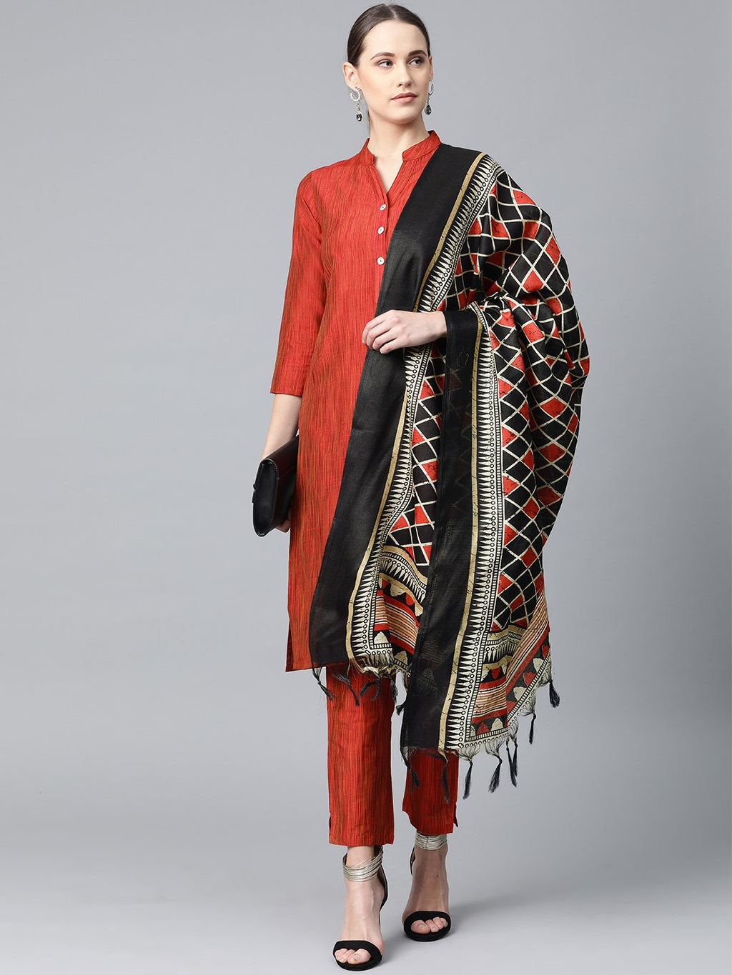 Jompers Women Red & Black Self-Striped Kurta with Trousers & Dupatta