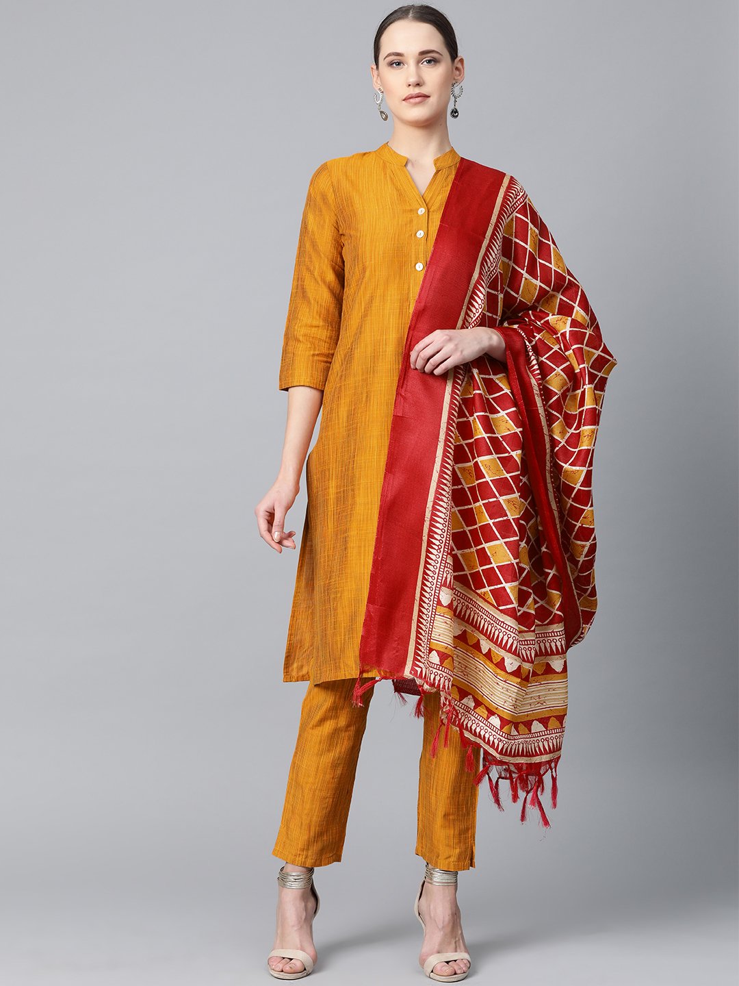 Jompers Women Mustard & Red Self-Striped Kurta with Trousers & Dupatta