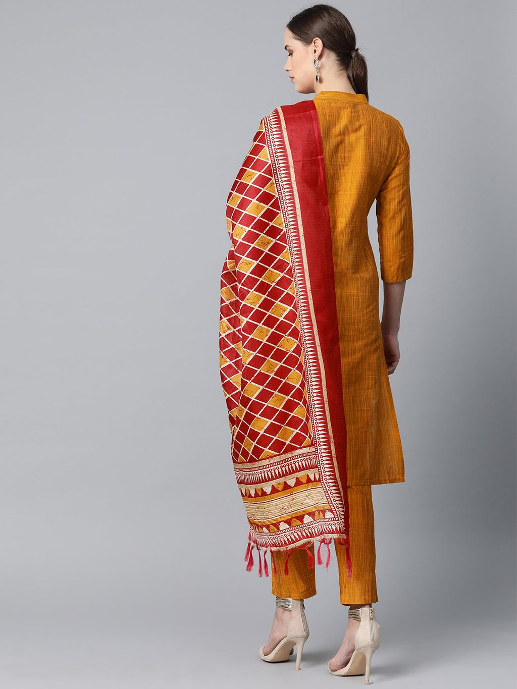 Jompers Women Mustard & Red Self-Striped Kurta with Trousers & Dupatta