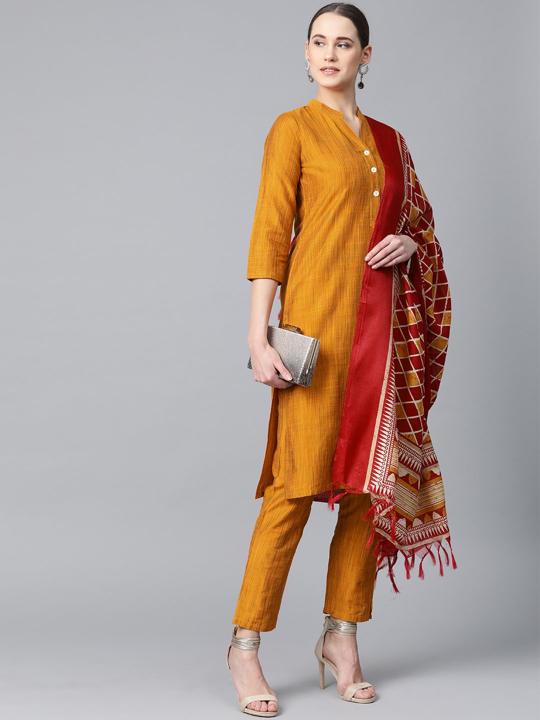 Jompers Women Mustard & Red Self-Striped Kurta with Trousers & Dupatta