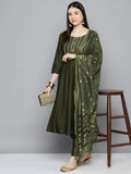 Jompers Women's Sequin, zari embroidered flared kurta with pants and dupatta - Green