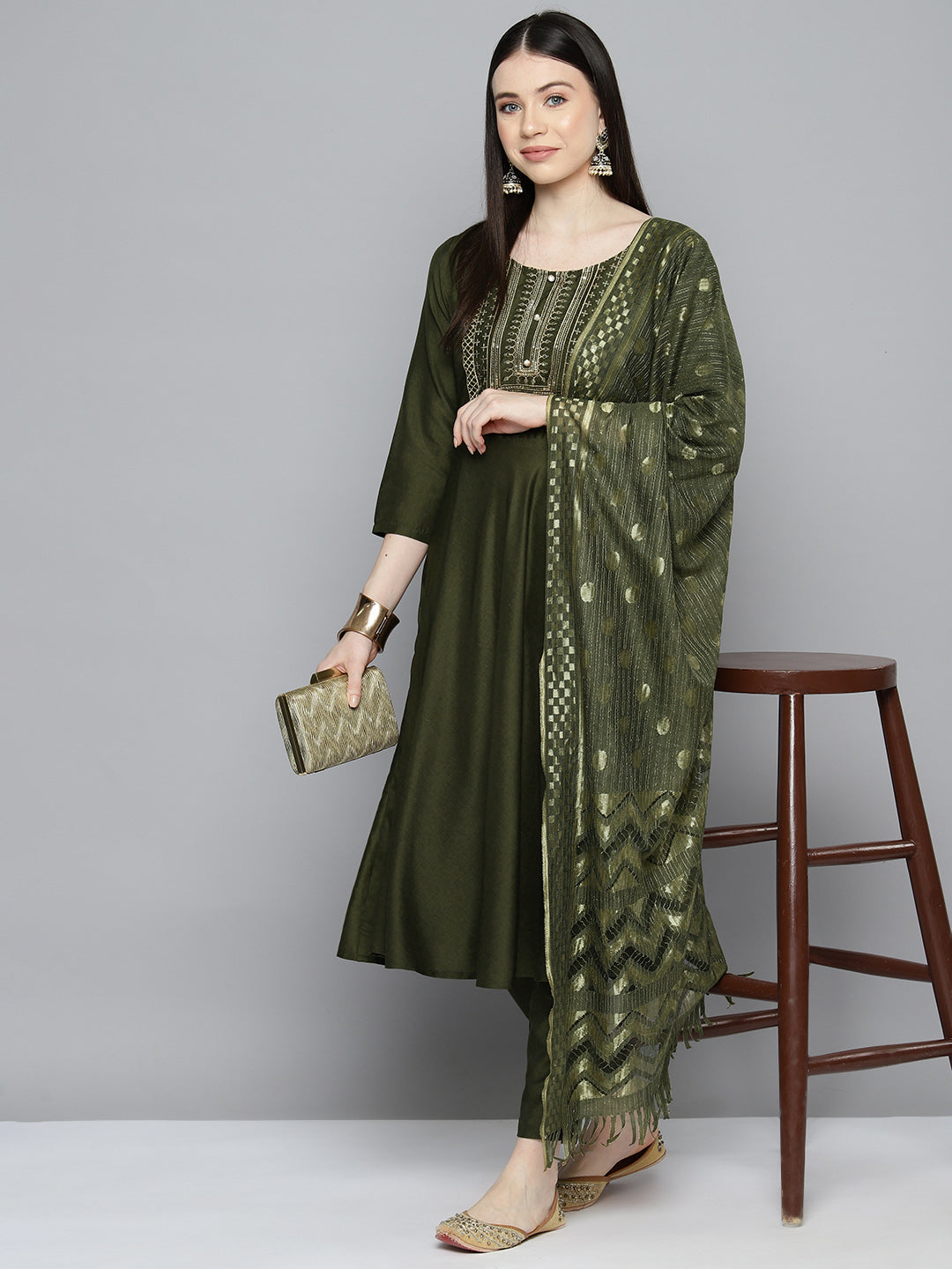Jompers Women's Sequin, zari embroidered flared kurta with pants and dupatta - Green
