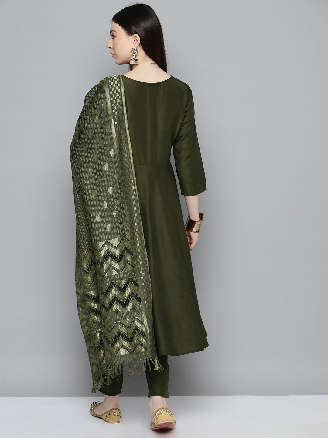 Jompers Women's Sequin, zari embroidered flared kurta with pants and dupatta - Green