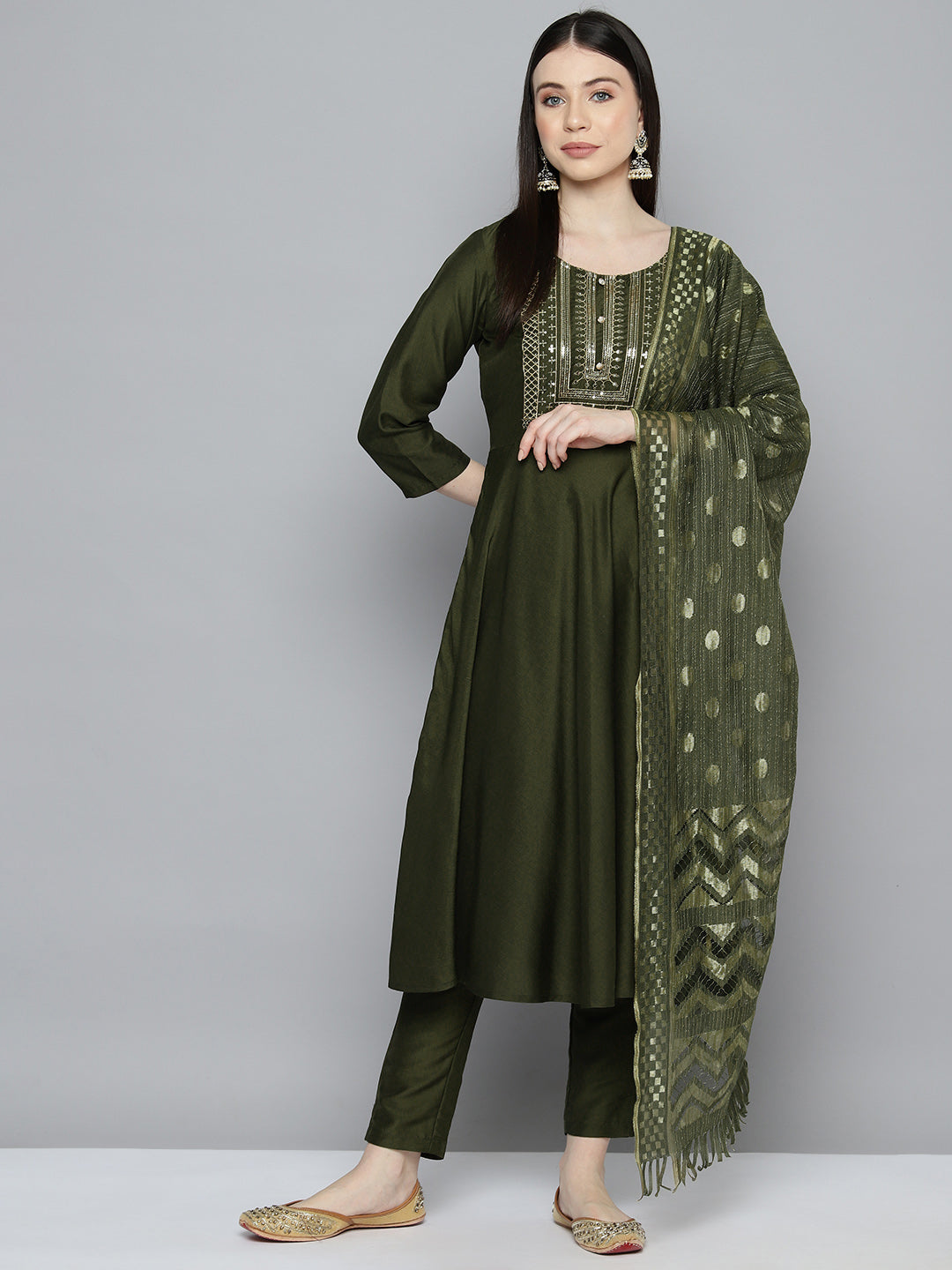 Jompers Women's Sequin, zari embroidered flared kurta with pants and dupatta - Green
