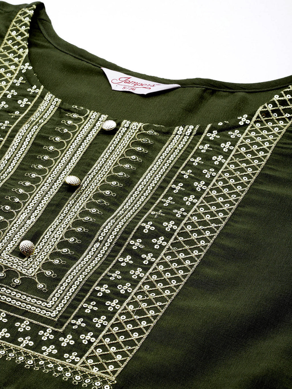 Jompers Women's Sequin, zari embroidered flared kurta with pants and dupatta - Green