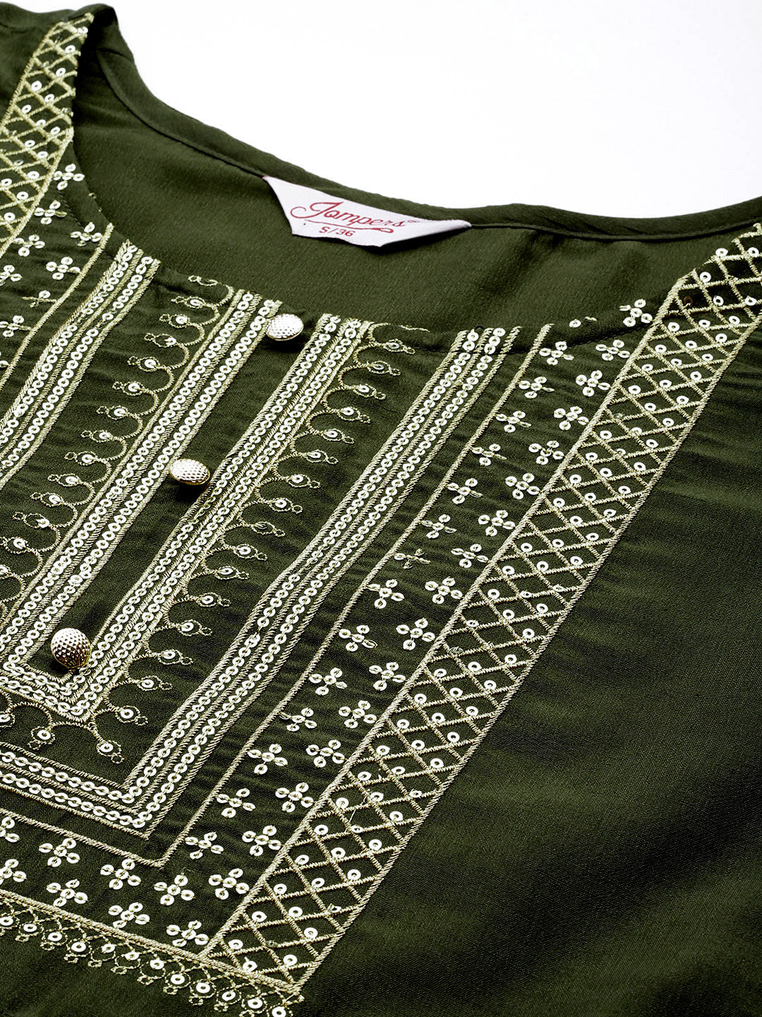 Jompers Women's Sequin, zari embroidered flared kurta with pants and dupatta - Green