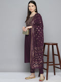 Jompers Women's Sequin, zari embroidered flared kurta with pants and dupatta - Purple