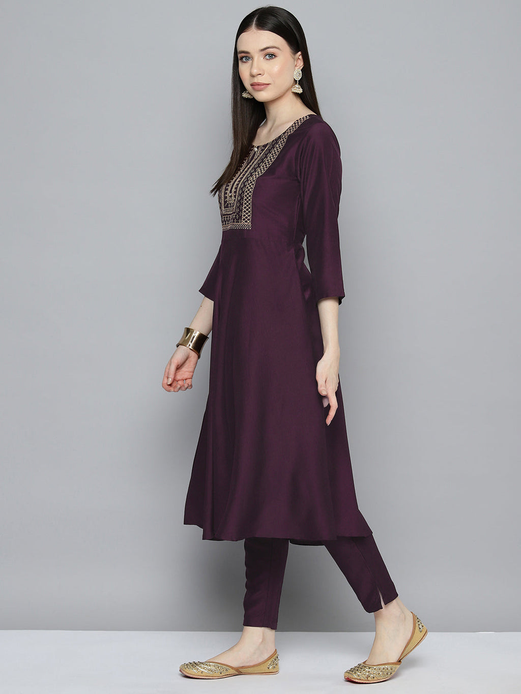 Jompers Women's Sequin, zari embroidered flared kurta with pants and dupatta - Purple
