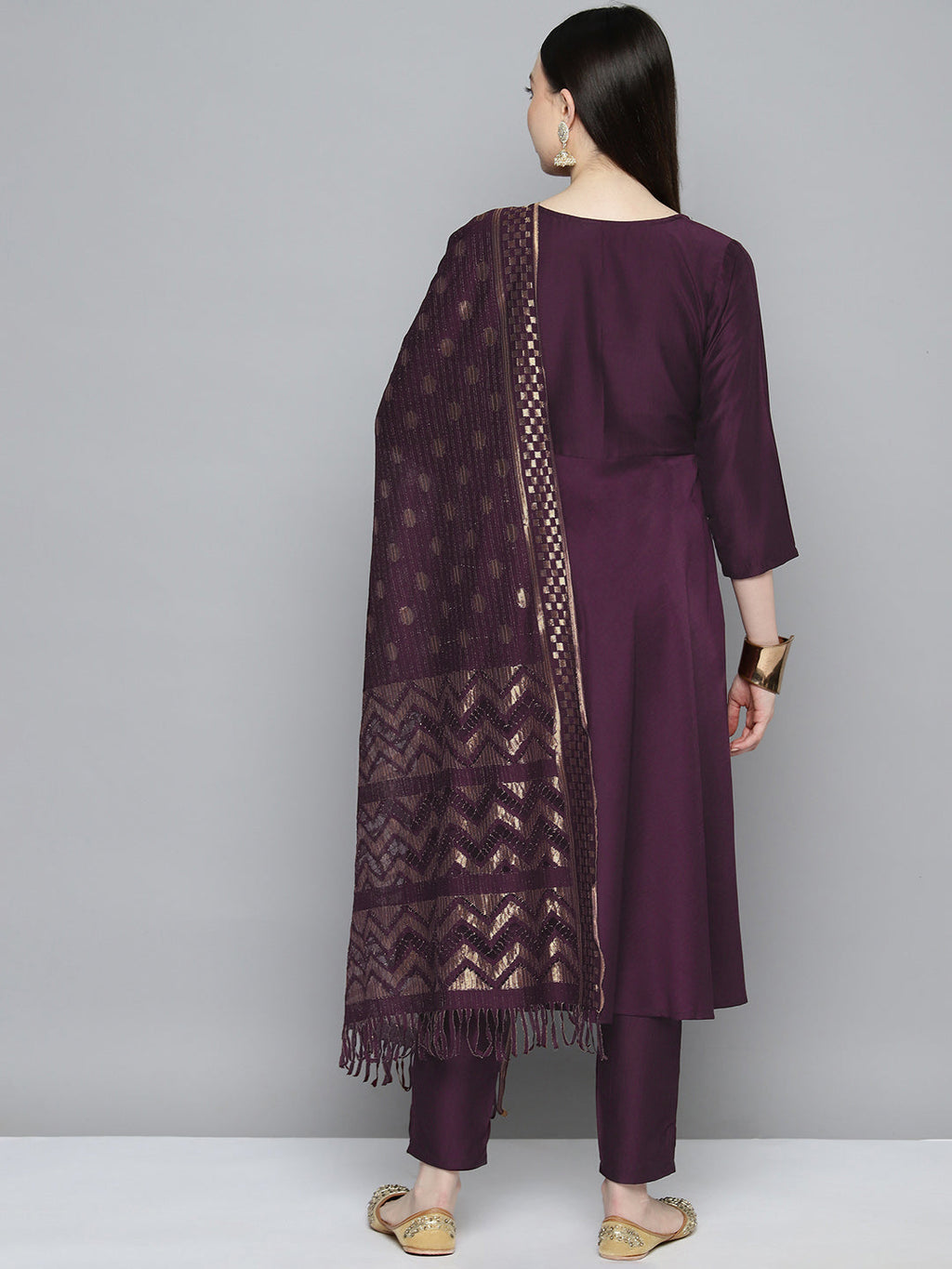 Jompers Women's Sequin, zari embroidered flared kurta with pants and dupatta - Purple