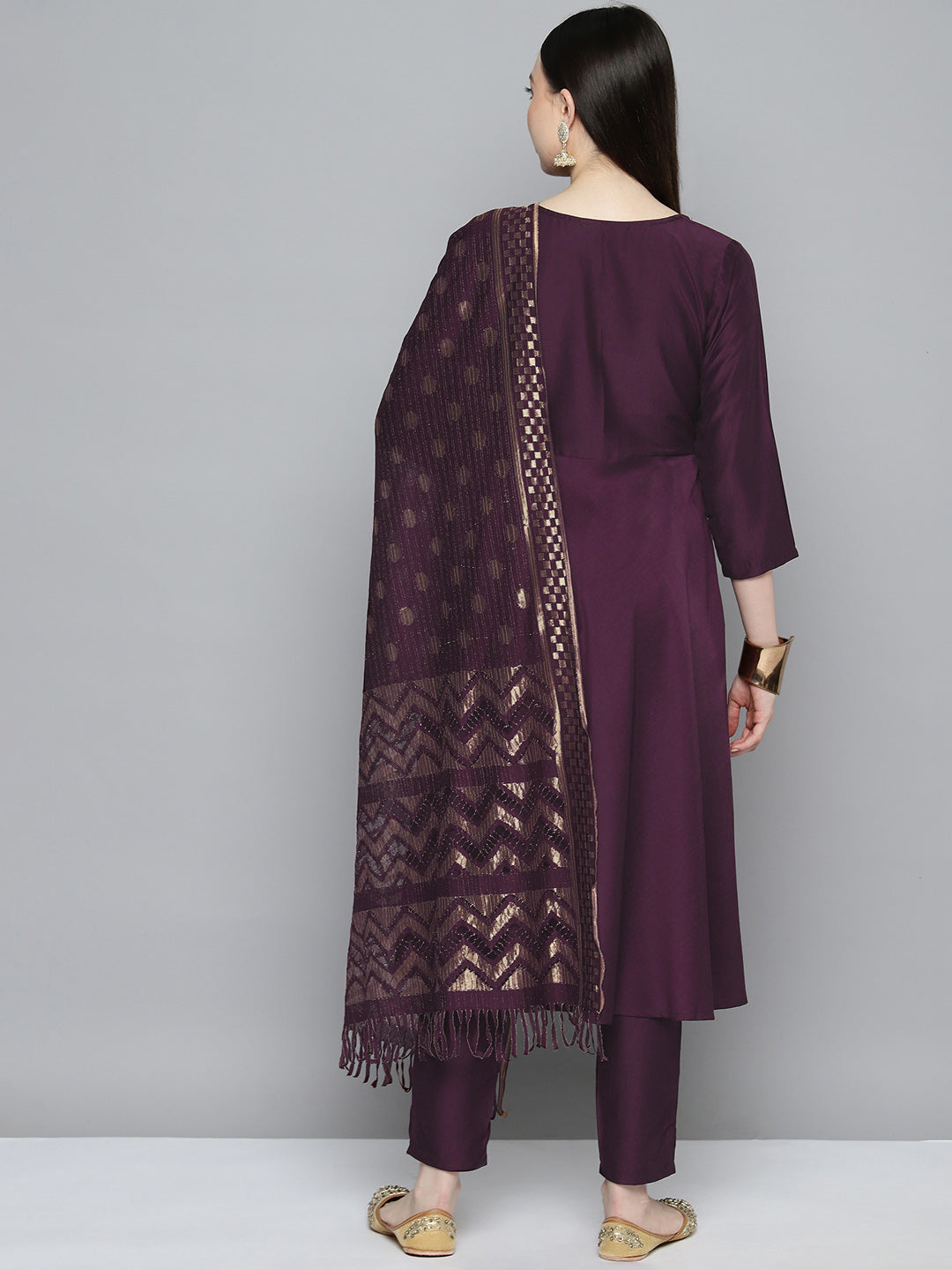 Jompers Women's Sequin, zari embroidered flared kurta with pants and dupatta - Purple