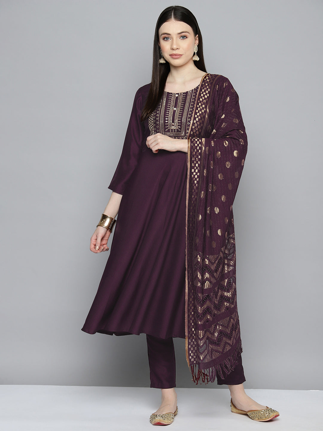 Jompers Women's Sequin, zari embroidered flared kurta with pants and dupatta - Purple