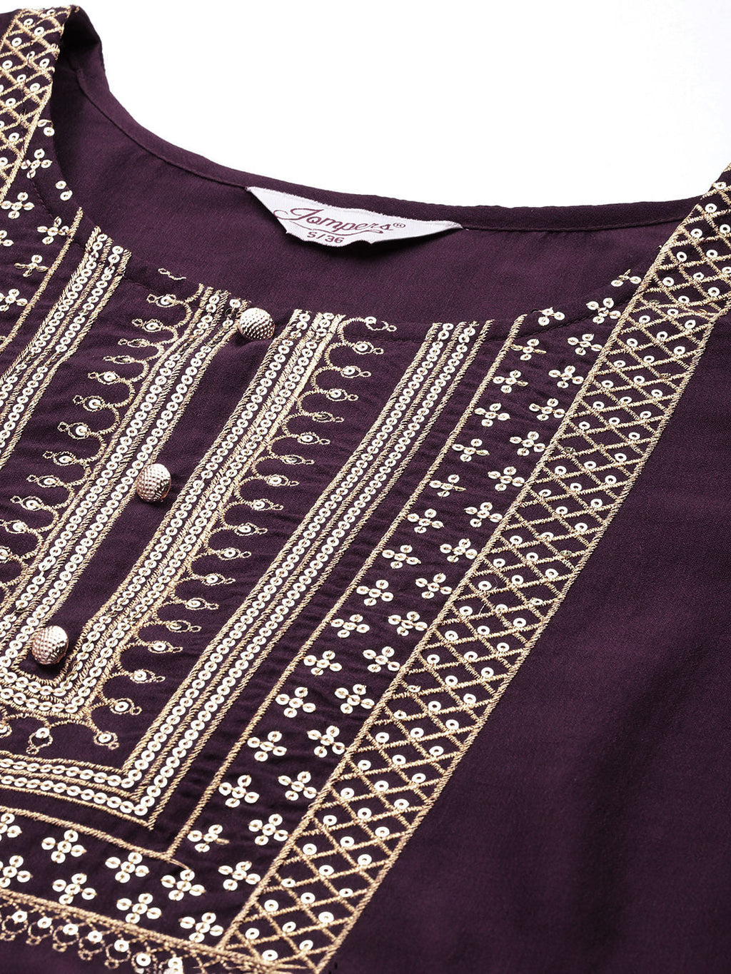 Jompers Women's Sequin, zari embroidered flared kurta with pants and dupatta - Purple