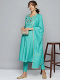 Jompers Women's Embroidered Silk Flared kurta,pant with dupatta set - Green