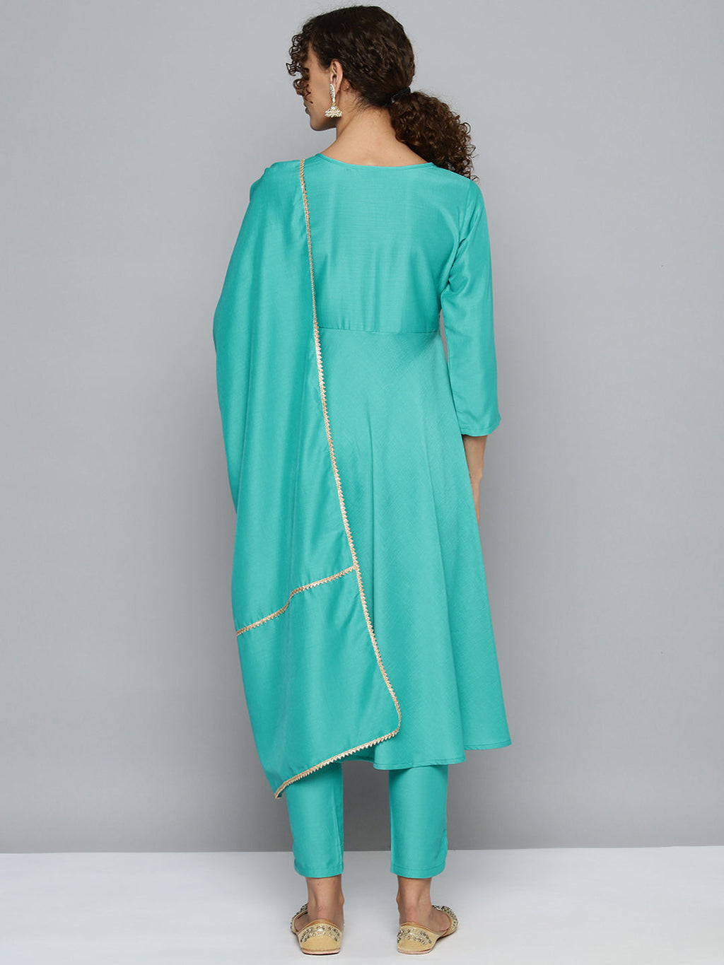Jompers Women's Embroidered Silk Flared kurta,pant with dupatta set - Green