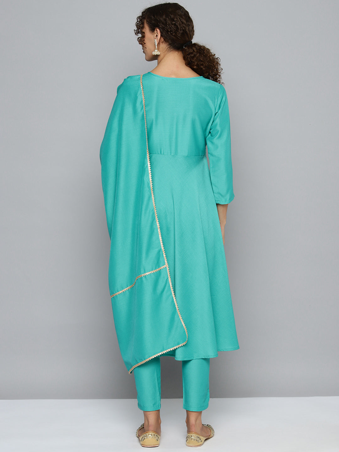 Jompers Women's Embroidered Silk Flared kurta,pant with dupatta set - Green