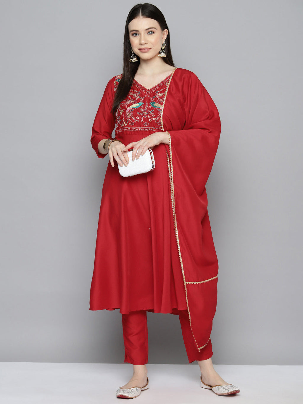 Jompers Women's Embroidered Silk Flared kurta,pant with dupatta set - Red