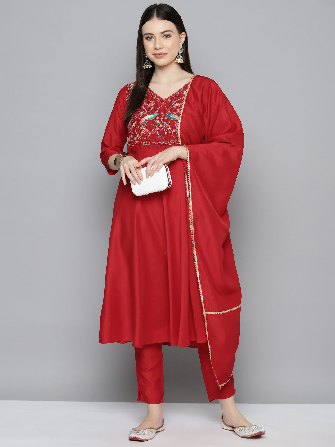 Jompers Women's Embroidered Silk Flared kurta,pant with dupatta set - Red