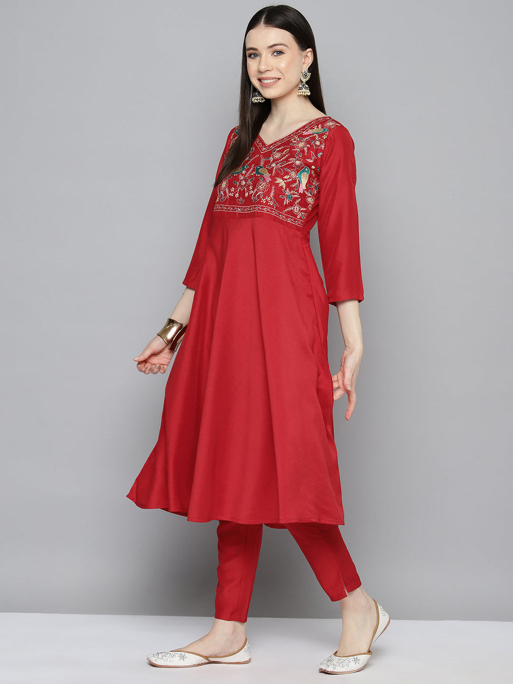 Jompers Women's Embroidered Silk Flared kurta,pant with dupatta set - Red
