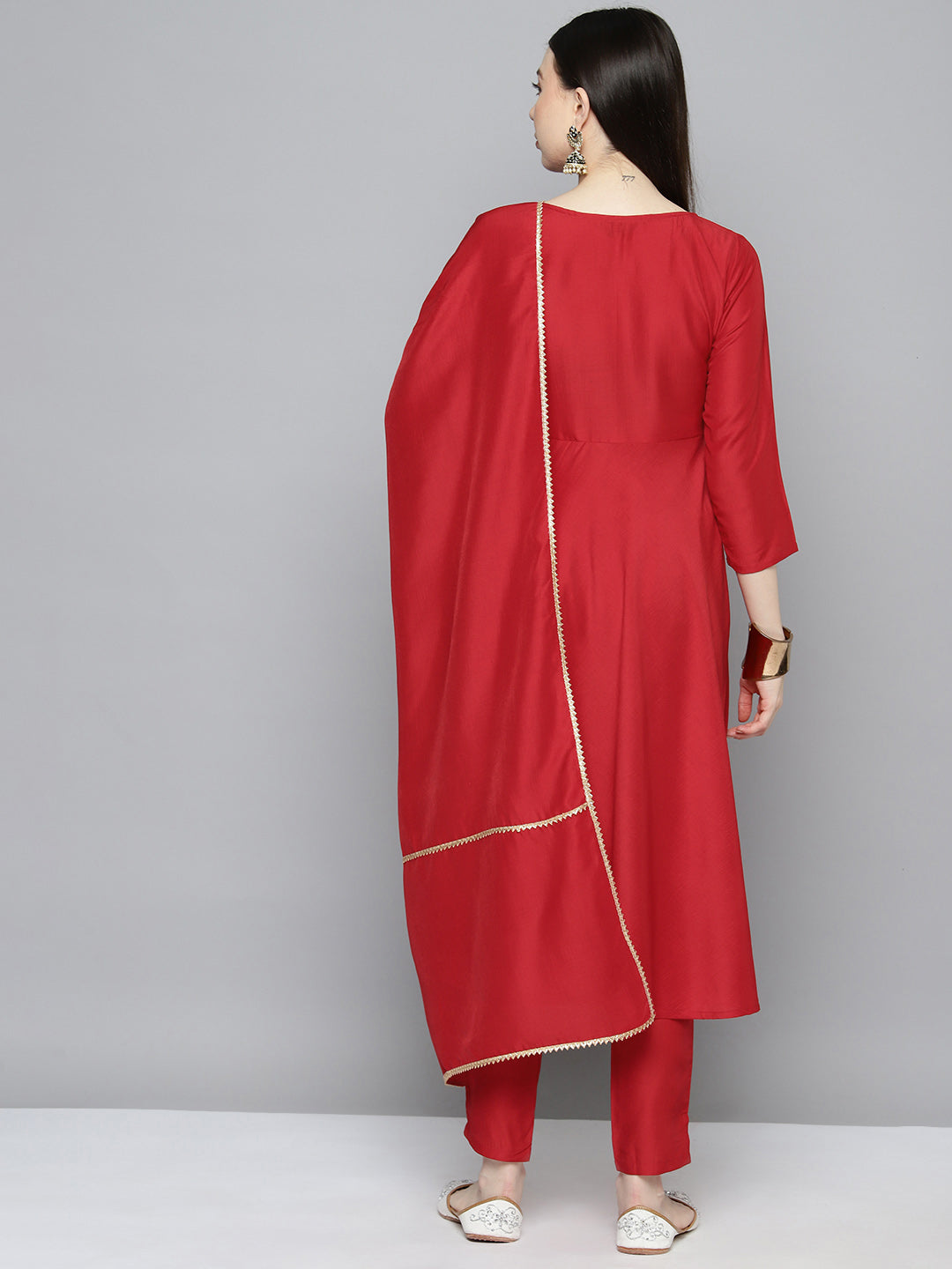 Jompers Women's Embroidered Silk Flared kurta,pant with dupatta set - Red