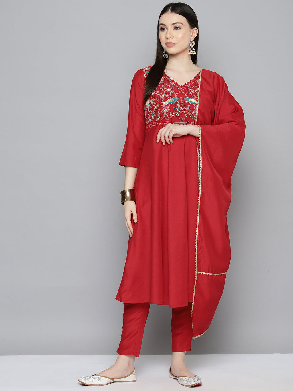 Jompers Women's Embroidered Silk Flared kurta,pant with dupatta set - Red