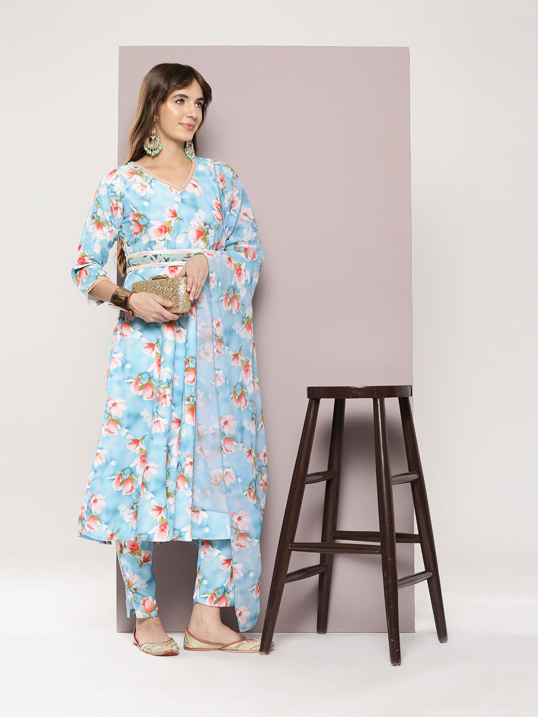 Jompers Women's Mirror work detailing, linen printed flared kurta with trousers and dupatta - Grey