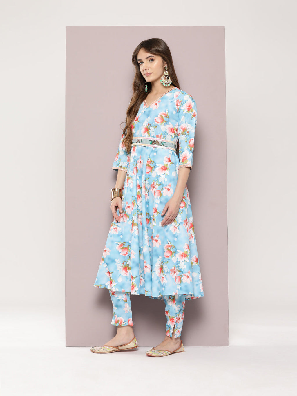 Jompers Women's Mirror work detailing, linen printed flared kurta with trousers and dupatta - Grey
