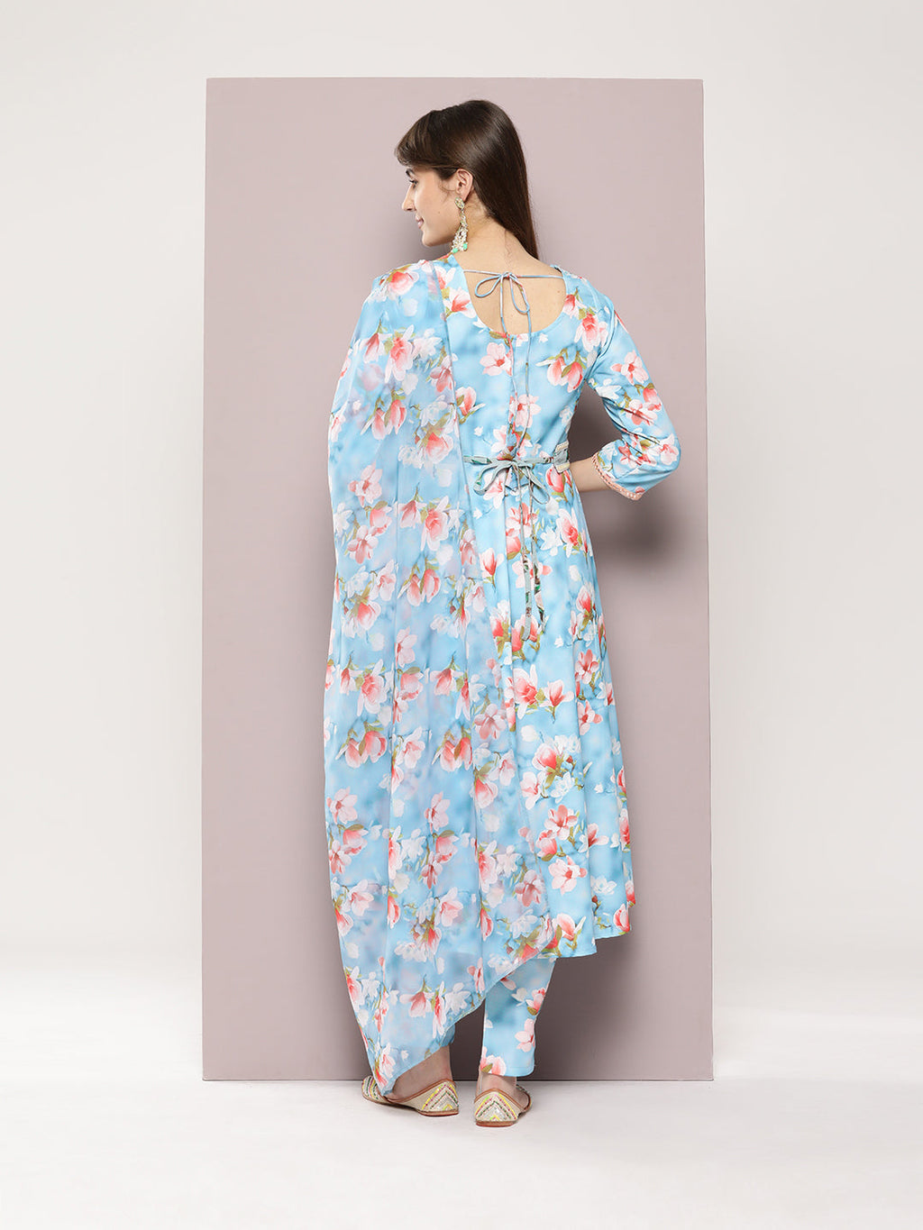 Jompers Women's Mirror work detailing, linen printed flared kurta with trousers and dupatta - Grey