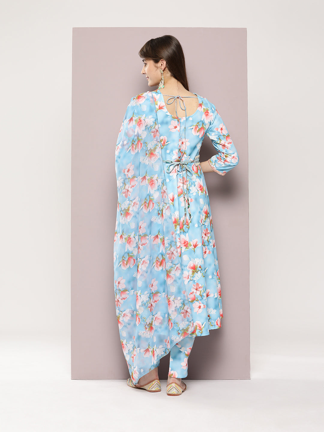 Jompers Women's Mirror work detailing, linen printed flared kurta with trousers and dupatta - Grey