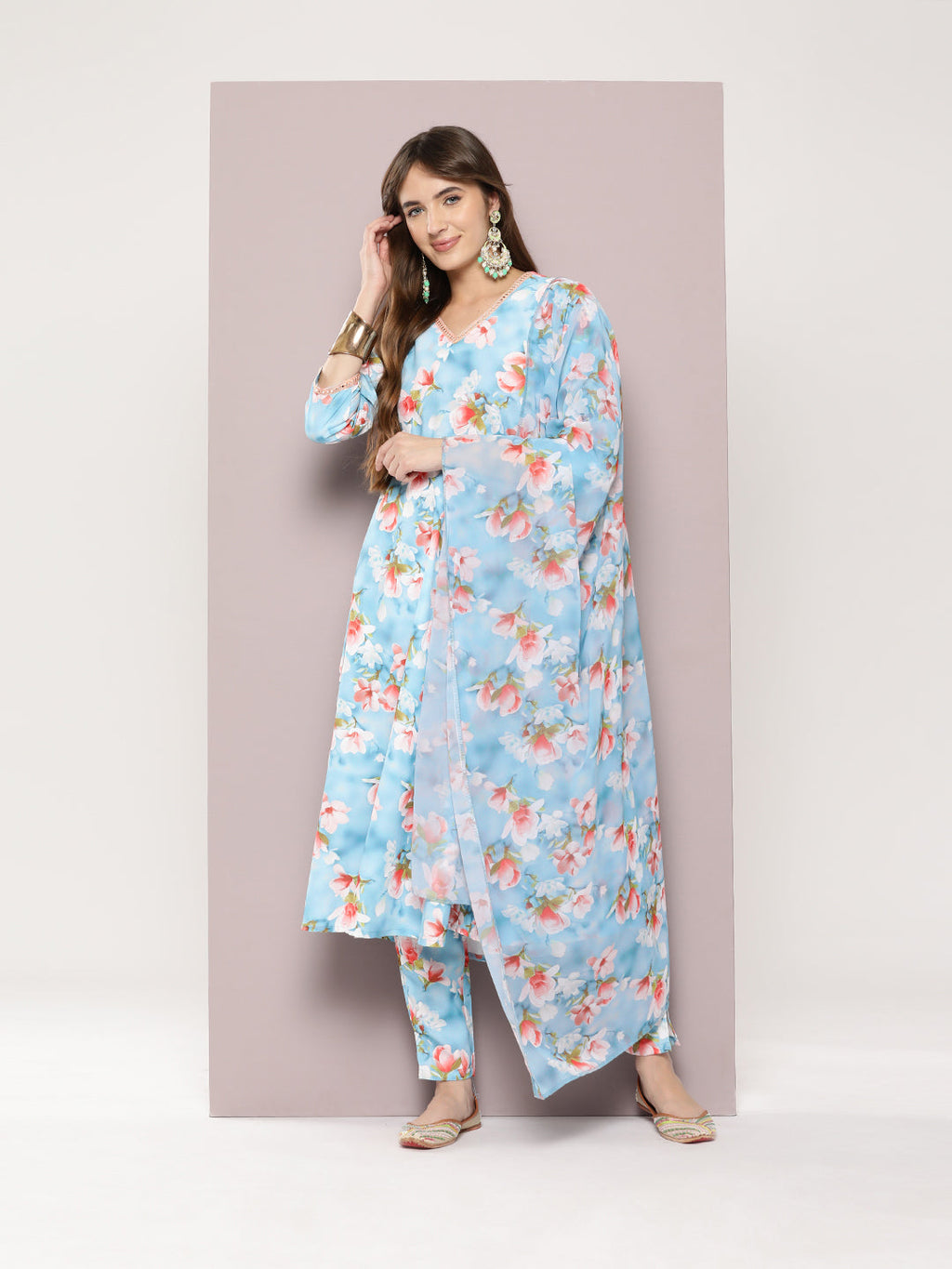 Jompers Women's Mirror work detailing, linen printed flared kurta with trousers and dupatta - Grey