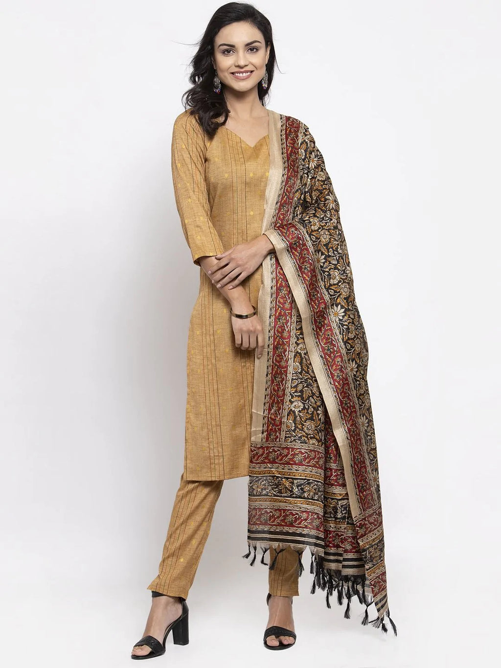 Jompers Women's Beige & Black Striped Kurta with Trousers & Printed Dupatta