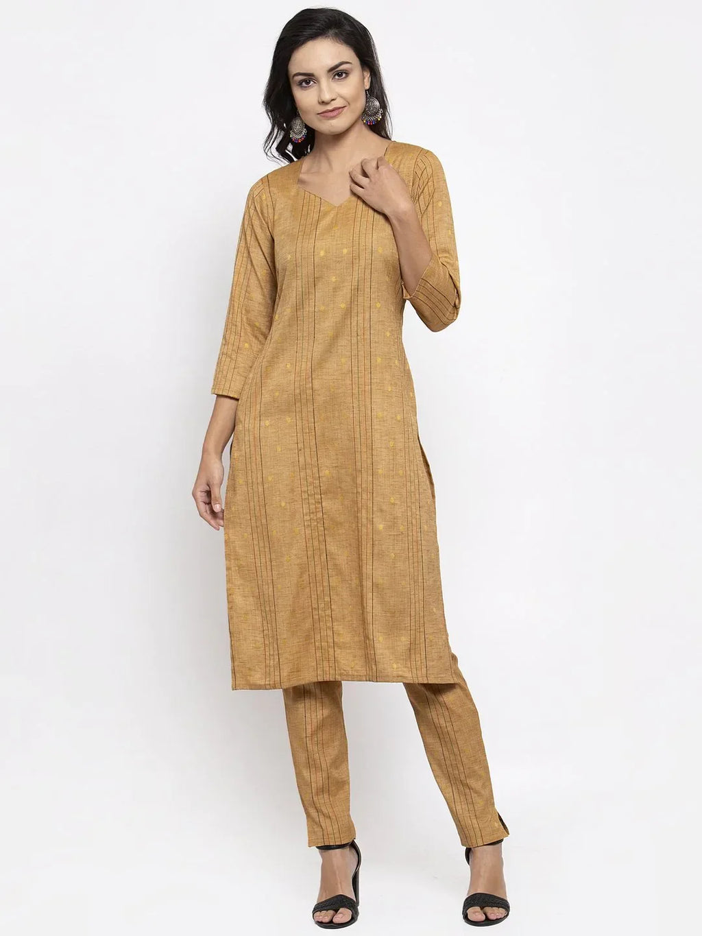 Jompers Women's Beige & Black Striped Kurta with Trousers & Printed Dupatta
