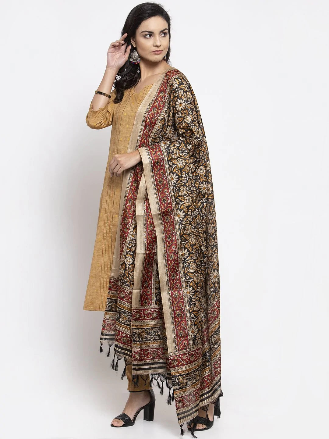 Jompers Women's Beige & Black Striped Kurta with Trousers & Printed Dupatta