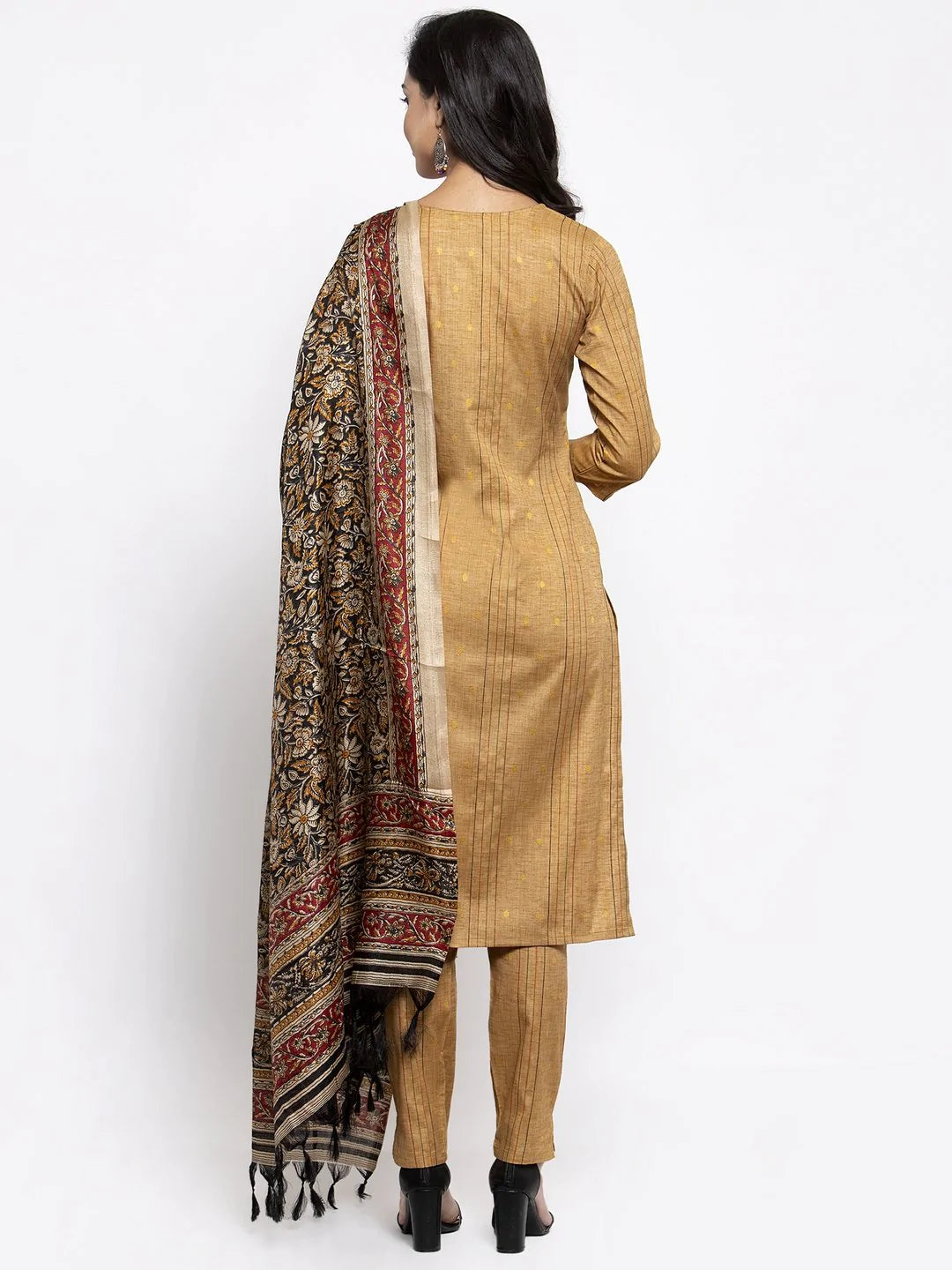 Jompers Women's Beige & Black Striped Kurta with Trousers & Printed Dupatta