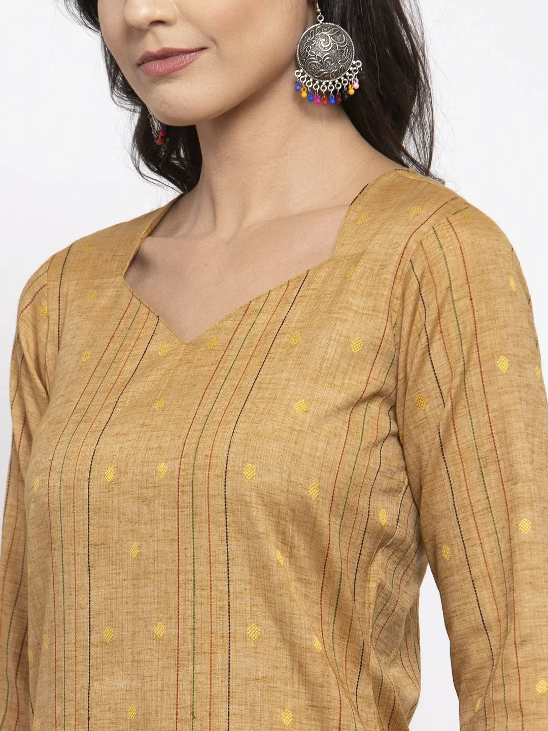 Jompers Women's Beige & Black Striped Kurta with Trousers & Printed Dupatta