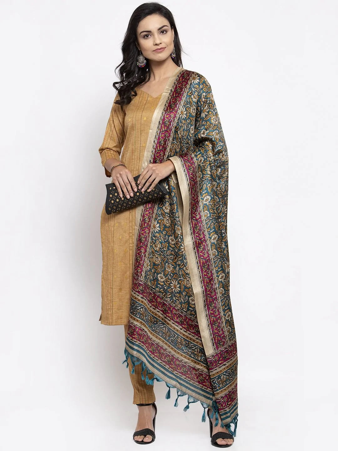 Jompers Women's Beige & Black Striped Kurta with Trousers & Green Printed Dupatta
