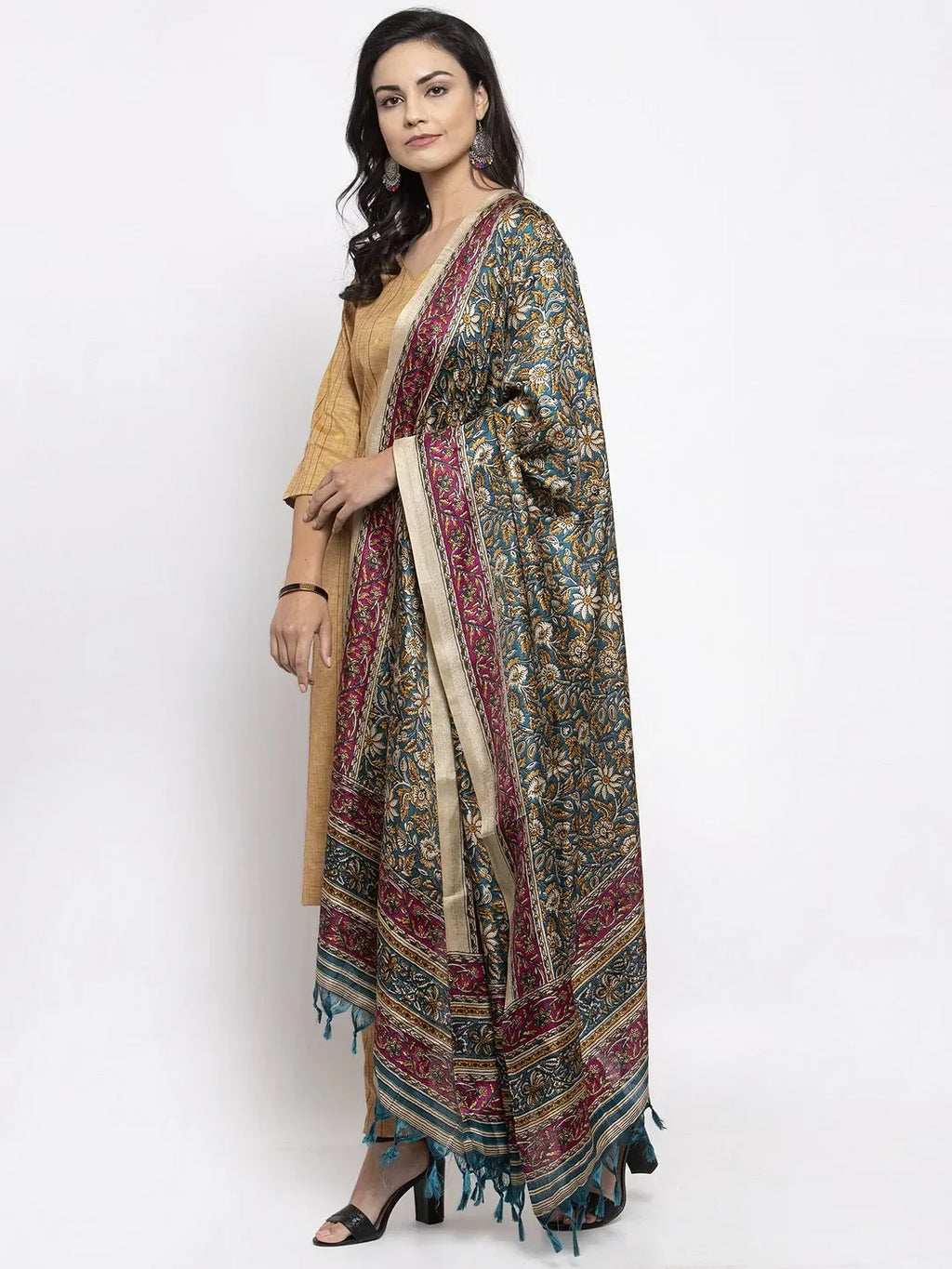 Jompers Women's Beige & Black Striped Kurta with Trousers & Green Printed Dupatta