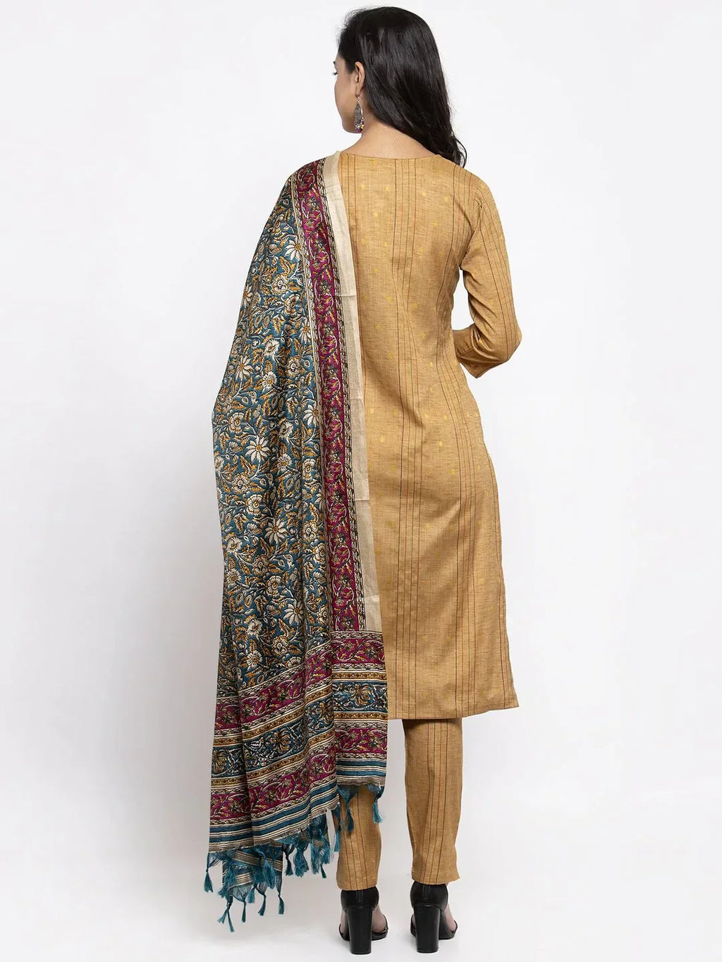 Jompers Women's Beige & Black Striped Kurta with Trousers & Green Printed Dupatta