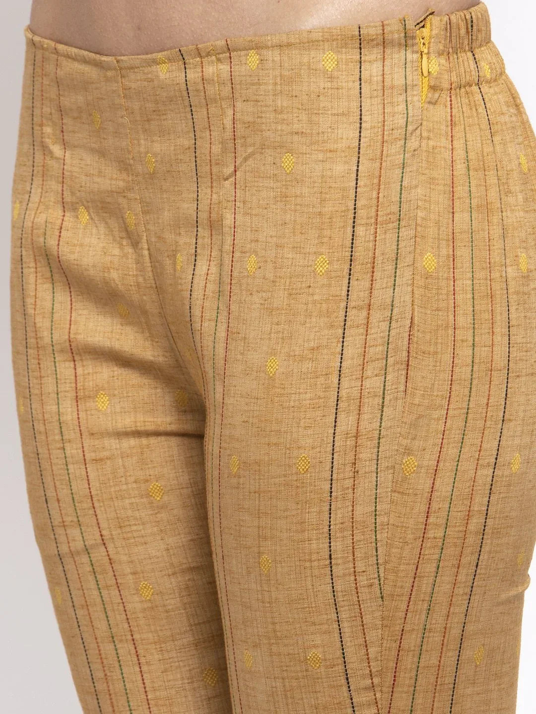 Jompers Women's Beige & Black Striped Kurta with Trousers & Green Printed Dupatta