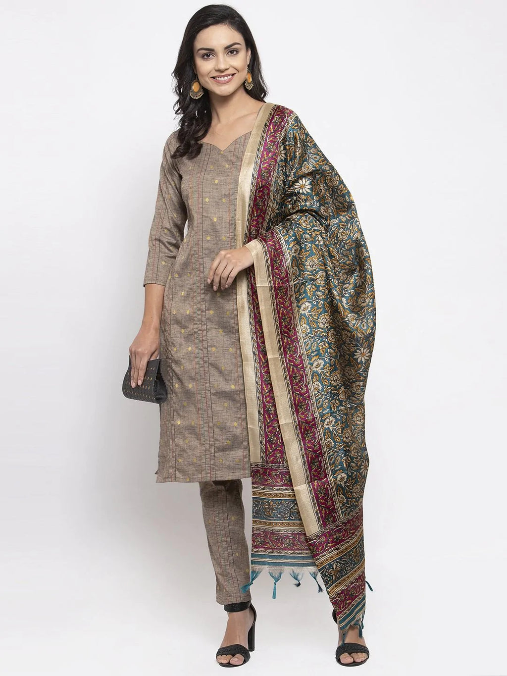 Jompers Women's Grey Striped Kurta with Trousers & Green Printed Dupatta