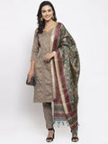 Jompers Women's Grey Striped Kurta with Trousers & Green Printed Dupatta