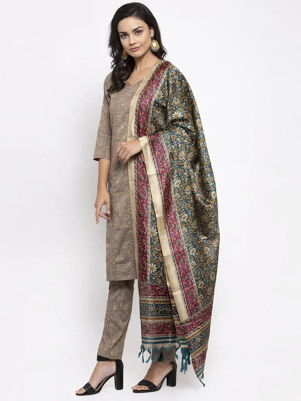 Jompers Women's Grey Striped Kurta with Trousers & Green Printed Dupatta