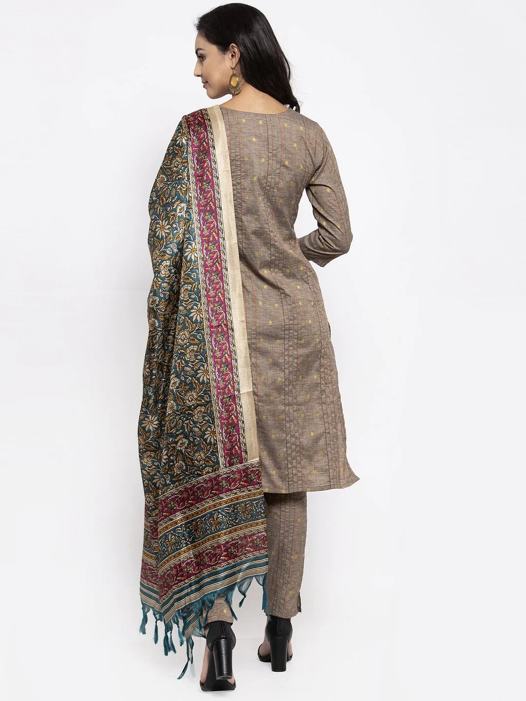 Jompers Women's Grey Striped Kurta with Trousers & Green Printed Dupatta